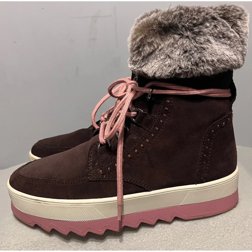 Cougar Women Vanetta Brown Suede Faux Fur Trim Winter Boots Pink Sawtooth Sole 8